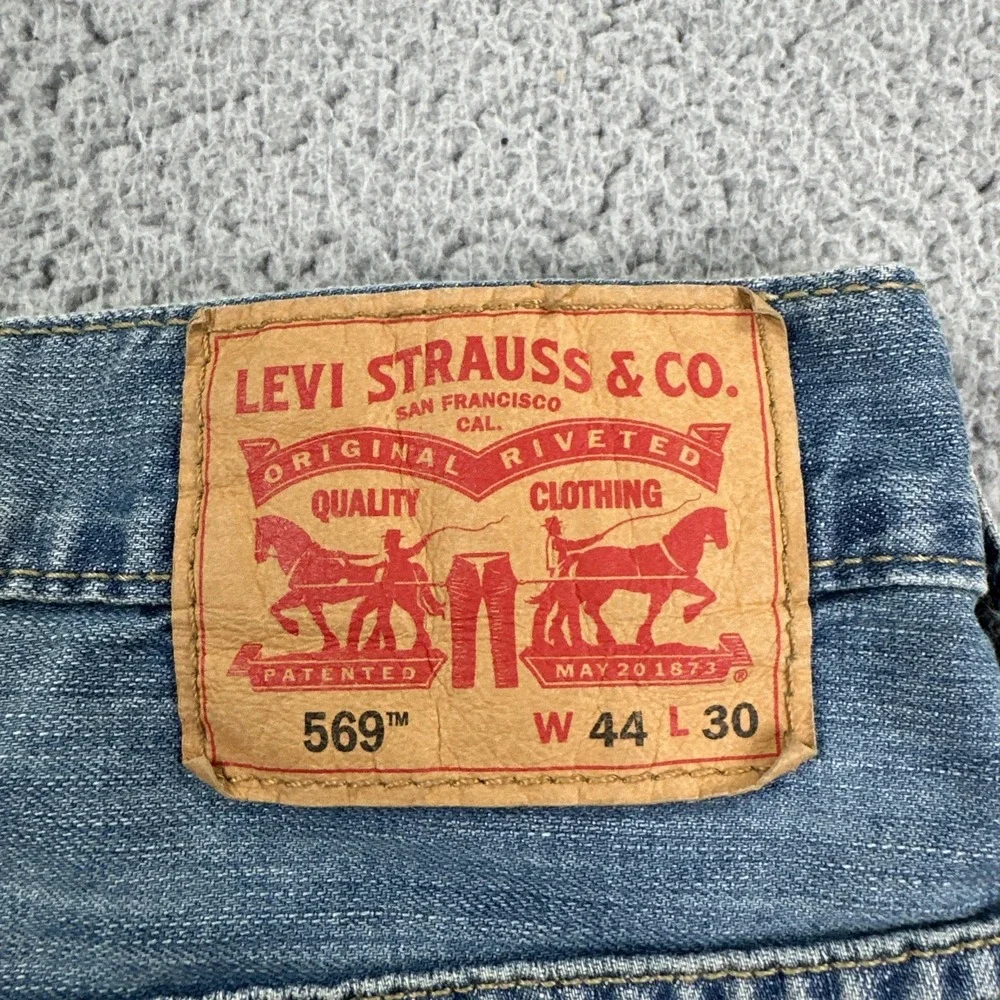 Levi's 569 Loose Straight Jeans Men 44x30 Blue Whiskered Light Wash Workwear